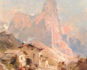 弗朗兹 理查德 翁特贝格尔 : Figures in a Village in the Dolomites